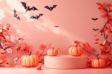 A Halloween scene with pumpkins and bats