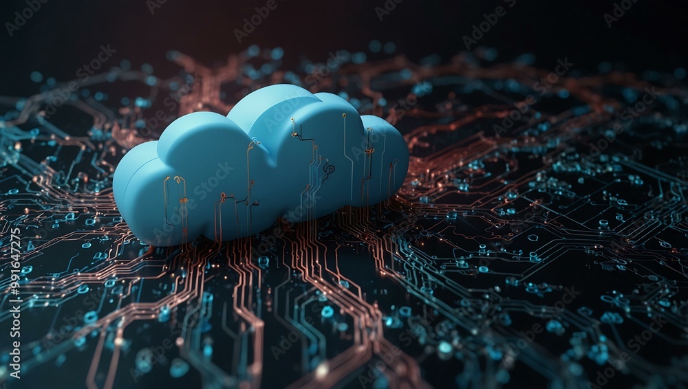Poster digital cloud with circuitry on a network background.