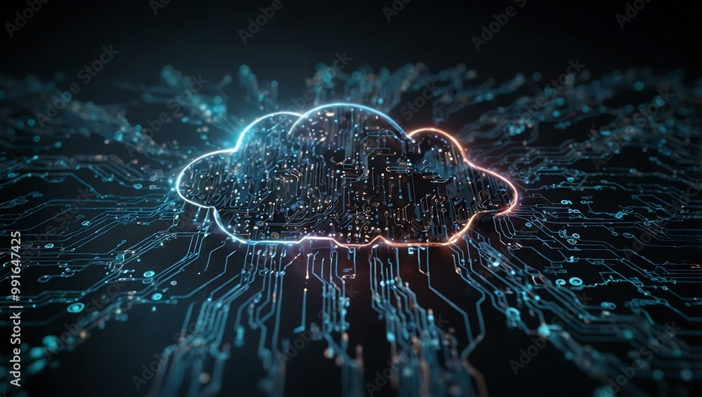 Poster digital cloud with circuitry on a network background.
