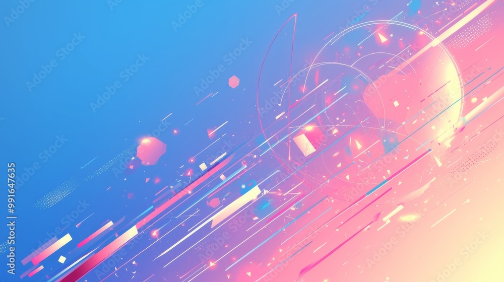 Poster blue pink geometric tech elements on a minimalist background, featuring clean lines and modern desig
