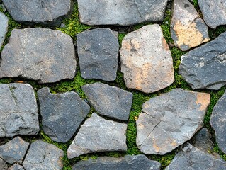Obraz premium Worn-down stone pathway with irregular shapes, moss, and cracks, stone pathway, natural wear