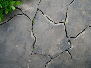 Obraz premium Cracked pavement with patches of weeds growing through, aged and neglected, weeds through cracks, nature reclaiming