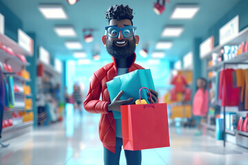 Christmas party illustration. Man carrying gifts in his hand while walking through the commercial center.