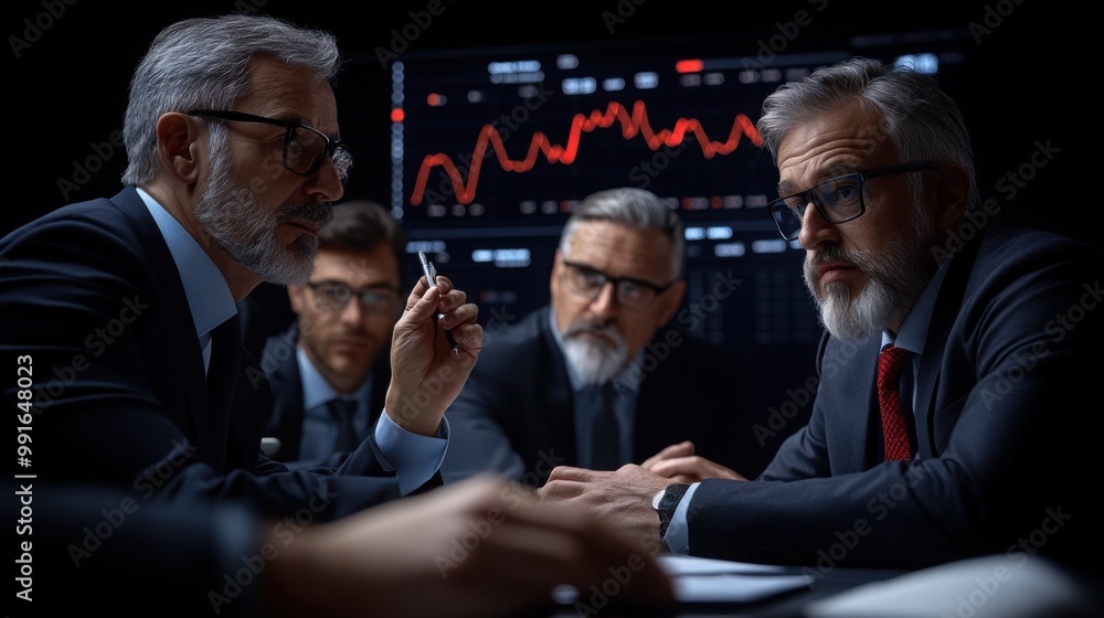 Poster strategic analysis: a team of seasoned business leaders in a dimly lit office, their faces illuminat