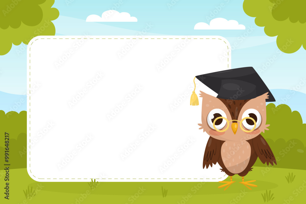 Poster empty card with funny brown owl character with feather vector template