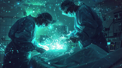 A surgeon working on a patient whose body is surrounded by a glowing field of light, guiding the surgeon's hands with subtle cues and adjustments