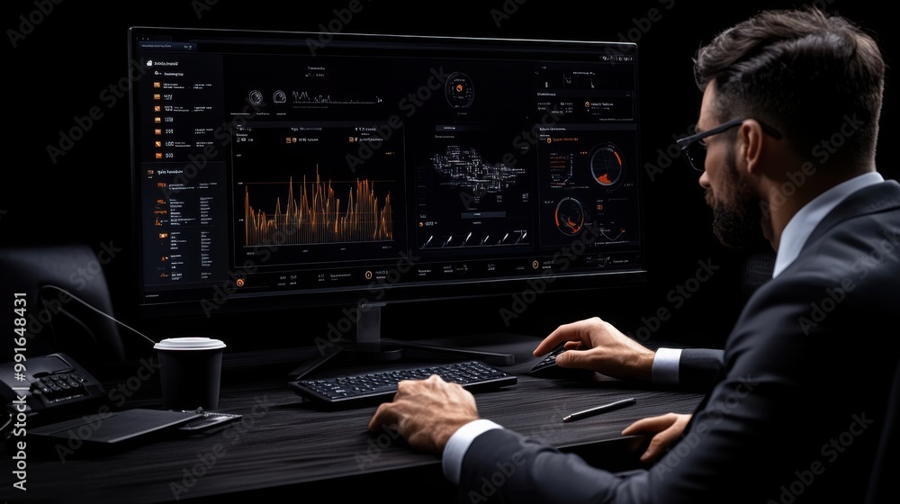 Aufkleber data-driven decisions: a businessman in a suit, focused on a monitor displaying intricate data visua