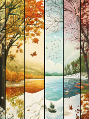 Expansive and Detailed Panoramic View of Seasonal Changes from Snowy Winter to Blossoming Spring in a Continuous Landscape

