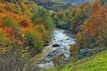 Beautiful mountain autumn landscape during sunset in Masalli region of Azerbaijan Republic
