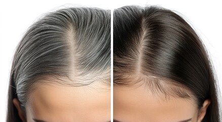 Obraz premium Young woman with gray hair before and after coloring treatment 