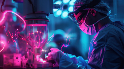 A surgeon working with nanobots that assist in performing surgeries at a microscopic level, enhancing precision beyond human capability
