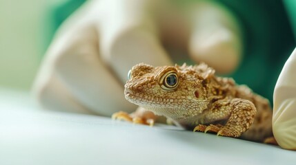 A close-up of a gecko being examined by a veterinarian in a clinical setting