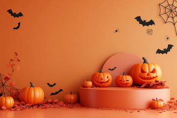 A Halloween scene with pumpkins and bats on a wall
