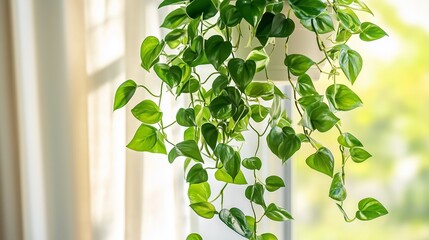 Beautiful green trailing plant draping from a white pot on a sunny window sill in a cozy indoor space
