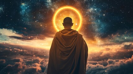 A serene monk meditating under a cosmic sky, radiating tranquility and enlightenment amidst vibrant celestial elements.