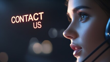 Close-up of a female customer service representative with a headset and the text 'Contact Us' illuminated.