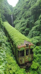Fototapeta premium Train, Locomotive, Old Rusty, Abandoned in the Forest, Overgrown, Abstract Image, Texture, Pattern Background, Wallpaper, Cover and Screen of Smartphone, PC, Laptop, 9:16 and 16:9 Format