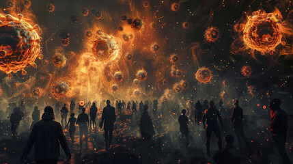 A surreal portrayal of Mpox contagiousness where the virus is visible as glowing particles that float in the air, clustering around those who are infected
