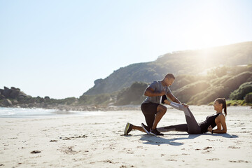 Health, stretching and couple on beach for start of training, fitness and personal trainer. Race, exercise and marathon cardio with people in nature for warm up, sports and running performance