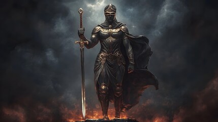 92. A powerful deity of justice standing tall with a sword