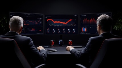 Analyzing the Market: Two businessmen in suits study financial data on multiple monitors in a darkened office, their faces illuminated by the screen's glow, conveying a sense of focused determination.