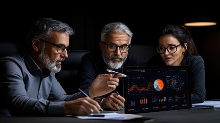 Data Driven Decisions: A team of focused, experienced professionals collaborate over data analytics, analyzing charts and graphs on a laptop screen in a dimly lit office setting.