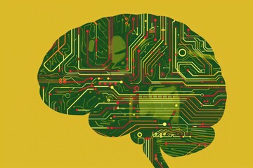 Brain made of green electronic circuits on a yellow background. Concept of artificial intelligence and technology.
