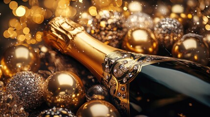Champagne bottle arranged with golden details and sparkling crystals, resting on a plush, luxurious background, evoking feelings of grandeur and festivity for upscale events.