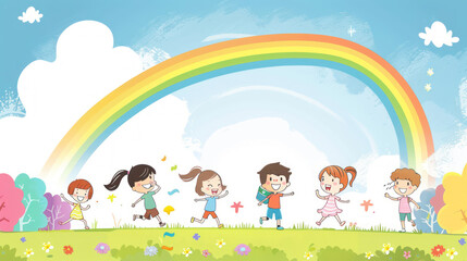 Fototapeta premium A team of children crossing a finish line in a race where their business ideas propel them forward, with a rainbow arching overhead to symbolize their success