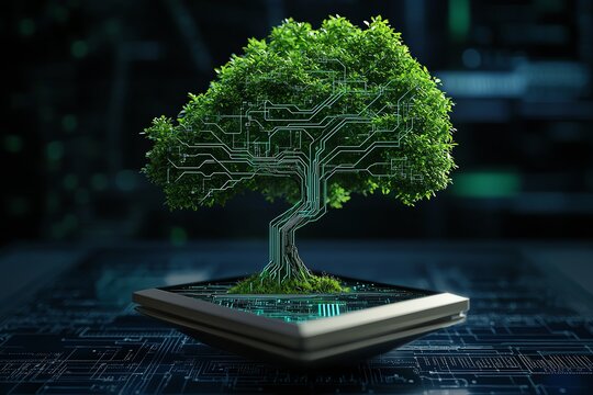 A digital collage blending nature and technology, showing a tree with circuit-like branches growing through a digital interface