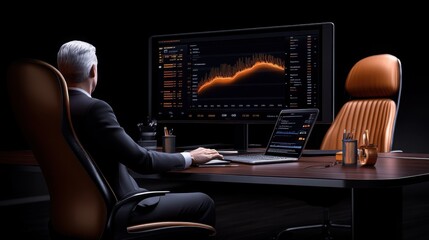 The Architect of Success: A powerful image of a businessman in a dark, luxurious office,  focused on a large monitor displaying a rising graph.