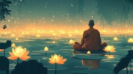 A serene monk meditates by a tranquil lotus lake, surrounded by glowing blooms and tranquil waters, evoking peace and mindfulness.
