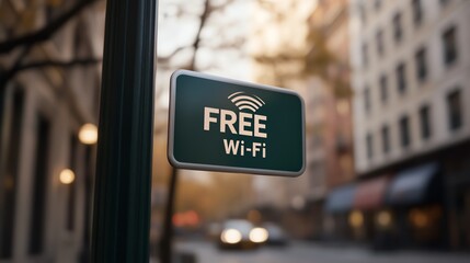 Obraz premium Street sign offering free Wi-Fi in an urban setting, highlighting public internet access in a city environment.