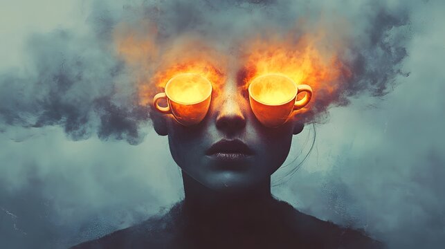 A figure whose eyes are glowing coffee cups, with steam rising from their head as they stare ahead in a daze.