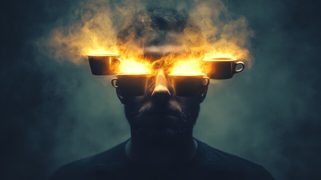 A figure whose eyes are glowing coffee cups, with steam rising from their head as they stare ahead in a daze.