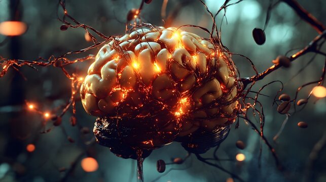 A brain wrapped in glowing coffee vines, each vine pulsing with caffeine and growing tighter.