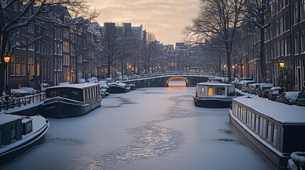Obraz premium The canals of Amsterdam are partially frozen, with charming houseboats and bridges dusted in snow. Warm light glows from the windows of nearby buildings, creating a peaceful, cozy winter evening in th