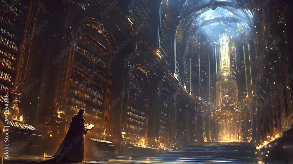Aufkleber 96. a wise god of knowledge in a vast library filled with scrolls