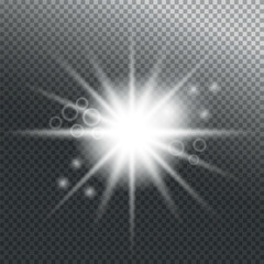 Abstract sun glare on transparent background, vector white light effect