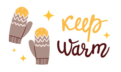 Winter woolen mittens ,vector illustration on white background lettering flat design for different autumn and winter design uses .