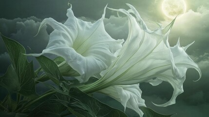 Moonflowers white datura plant. Generative AI