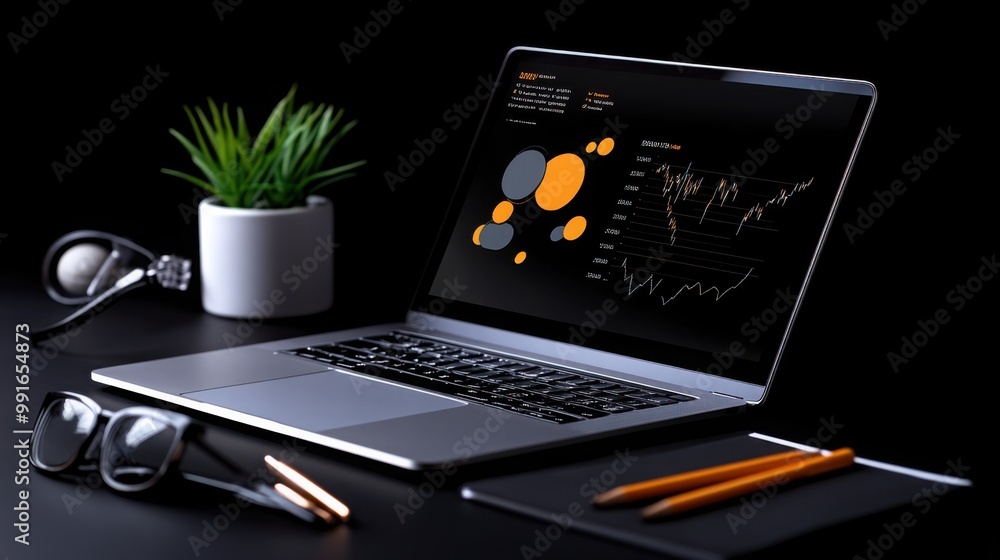 Poster laptop analytics: a sleek laptop with a vibrant graph displayed on the screen sits on a minimalist d