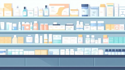 Shelves of over-the-counter medicine displayed neatly in a modern pharmacy setting, with space for text or promotional messages above the products.