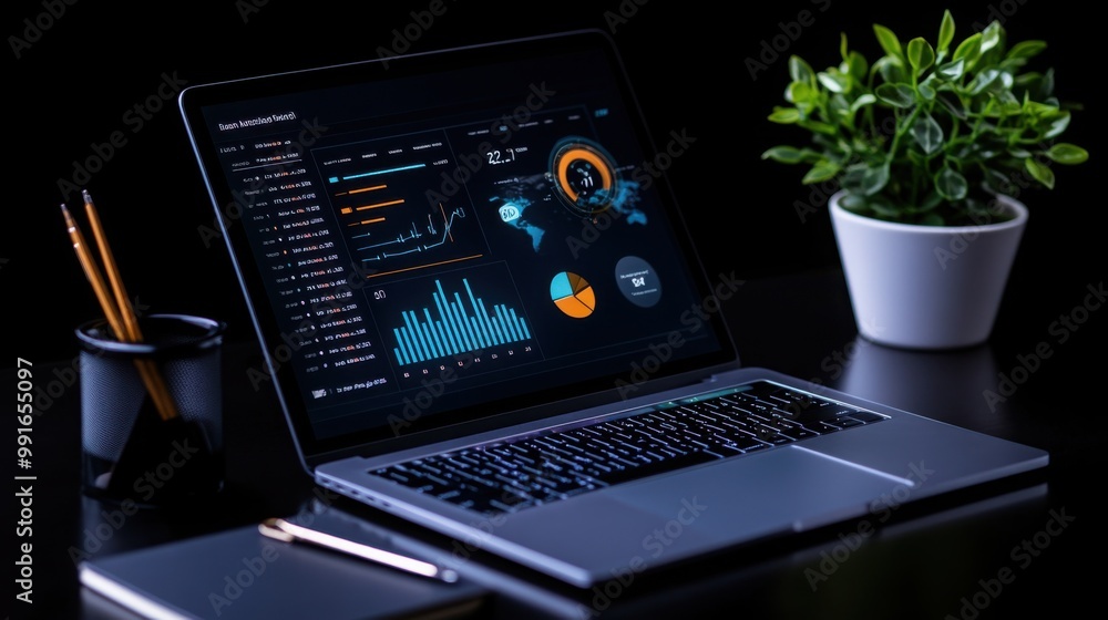 Poster data-driven insights: a sleek laptop displays a vibrant dashboard with data visualizations, a testam