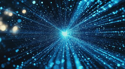 Fototapeta premium Futuristic holographic background with radiant blue light beams and digital particles, evoking the sense of cutting-edge technology.