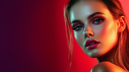 A model poses with striking makeup against a vibrant gradient background showcasing artistry and beauty