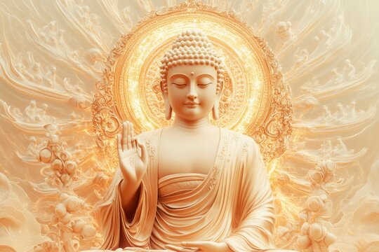 Buddha with halo, full body in an elegant pose, digital art style, light background, golden aura glow behind the Buddha, light beige and orange colors, soft lighting, high resolution, geneative ai