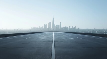 A panoramic view of an empty asphalt road with a stunning city skyline in the background, perfect for car advertising and promotional materials.