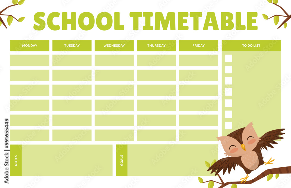 Poster empty school timetable with funny brown owl character with feather vector template