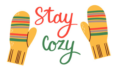 Winter woolen mittens ,vector illustration on white background lettering flat design for different autumn and winter design uses .